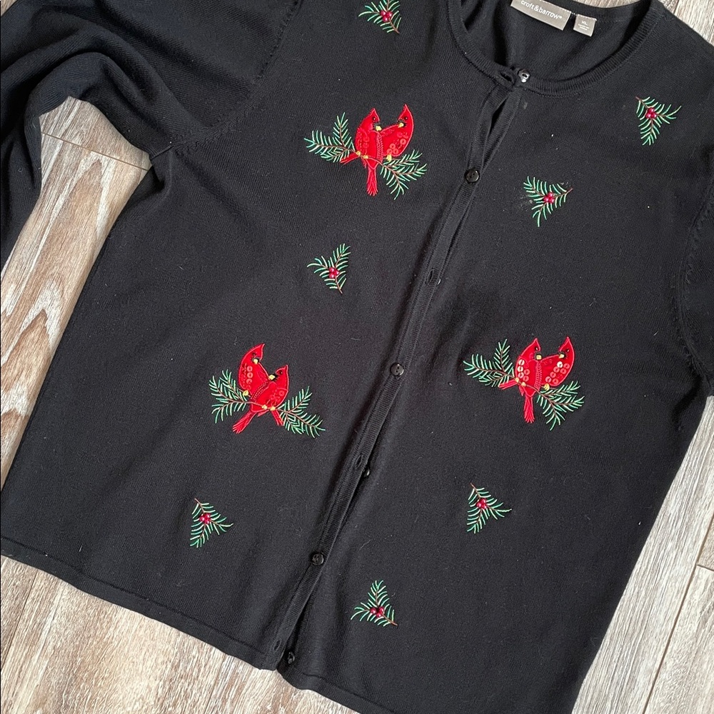 Croft & Barrow Black Jersey Knit Cardigan XL Red Velvet Embroidered Cardinals - Picture 8 of 11